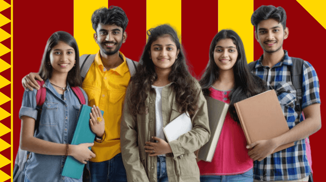 Group of diverse students with books and backpacks - representing academic community and success